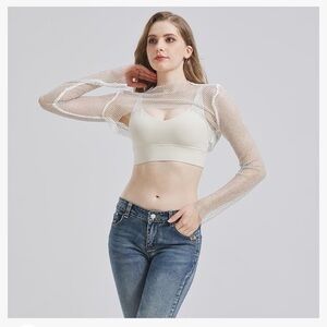 NWT Inzegao Sheer Mesh Shiny Rhinestone Long Sleeve Crop Top